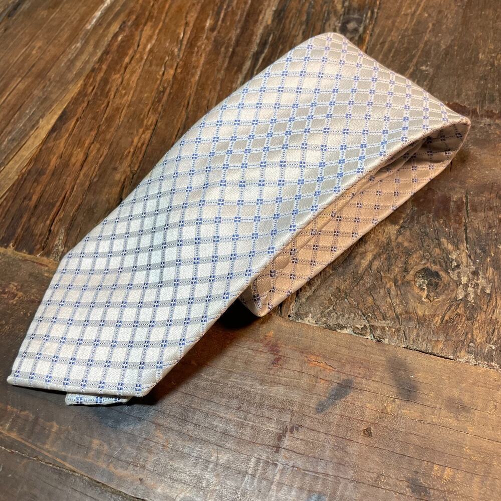 Tasso Ella Mens Neck Tie Silk China Hand Made Geometric Silver Blue Diamond